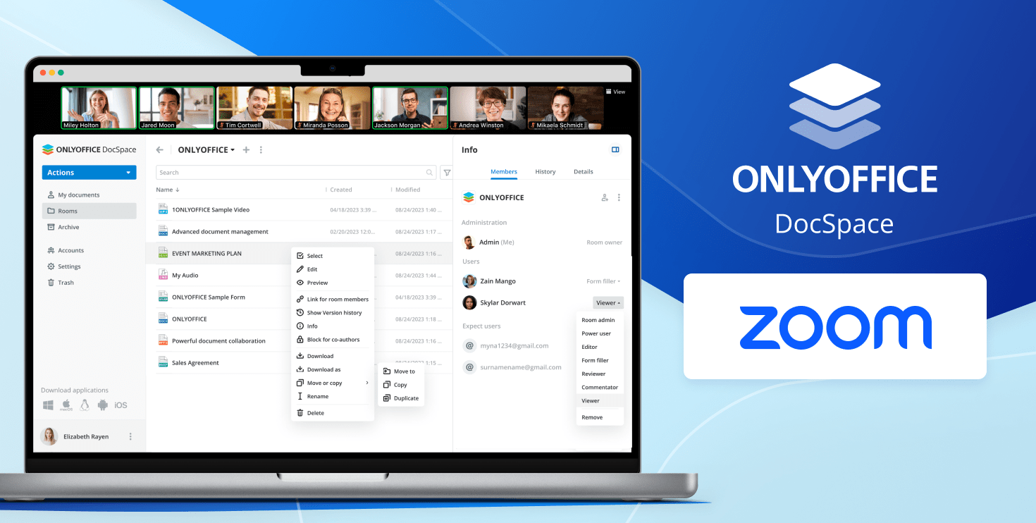 Collaborate on documents within Zoom meetings: ONLYOFFICE DocSpace app for Zoom available